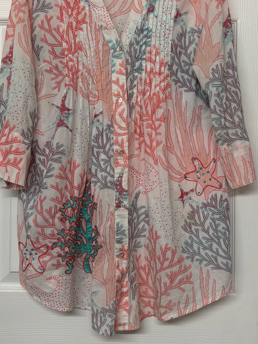 Soft Surroundings Coral Reef Embroidered Beaded Cotton Flowy Tunic Top Sz M - Picture 3 of 6